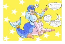 2girls blonde_hair blushing breast_pillow breasts_bigger_than_head dialogue fluffy fluffy_clothing fur fuzzy huge_breasts mega_man mermaid mermaid_tail pumpkinsareholy robot roll splash_woman yuri