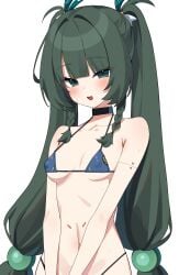 1girls android bare_shoulders belly_button bikini blush bra breasts dark_green_eyes dark_green_hair embarrassed female female_focus female_only green_eyes green_hair high_resolution highres long_hair looking_at_viewer open_mouth panties qingyi_(zenless_zone_zero) small_breasts standing stomach sweat tied_hair twintails wak_kun white_background zenless_zone_zero