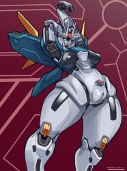 absurdres aqua_eyes armor arms_behind_head artist_name commentary english_commentary gundam gundam_aerial_rebuild gundam_suisei_no_majo highres mecha mecha_focus mechanical_arms mechanical_legs mechanical_pussy mobile_suit no_humans partial_humanization pussy robot science_fiction simple_background solo specter_l v-fin