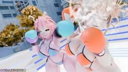 2girls 3d 3d_(artwork) big_breasts bikini black_sclera blonde_hair boxing boxing_gloves boxing_ring breasts catfight chalkfights cleavage female_focus female_only fight fighting fighting_ring hair_buns himiko_toga horns huge_breasts large_breasts mina_ashido my_hero_academia pink_eyes pink_hair punch punching punching_face ryona thick thick_thighs thighs wide_hips yellow_eyes