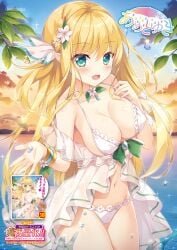1girl ameto_yuki beach bikini_bottom bikini_top bikini_under_clothes blonde_hair blush breasts dress elf elf_ears elf_female flower flower_hair_ornament frilled_bikini frilled_dress frills golden_hair highres large_breasts melonbooks original pointy_ears sea see-through see-through_clothing see-through_dress