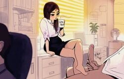 1girl 2boys absurdres arm_support arttheratpist barefoot black_eyes blurry blush bottomless brown_hair cock_bigger_than_feet commentary computer cup depth_of_field desk electric_fan english_commentary english_text hetero highres holding holding_cup jewelry long_hair male_masturbation male_pubic_hair masturbation mug multiple_boys necklace no_pupils office office_lady on_desk original pearl_necklace pencil_skirt penis pubic_hair ring shirt sitting skirt solo_focus wedding_ring white_shirt