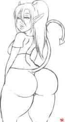 1girls artist_name back_view bare_shoulders big_ass big_breasts big_butt black_and_white bubble_ass busty butt_crack curvy dat_ass demon demon_girl demonroyal eyelashes female female_only horn hourglass_figure humanoid long_hair looking_at_viewer looking_back midriff pointy_ears pointy_tail porscha pose posing sideboob simple_background sketch solo standing steam text thick_thighs thong tied_hair voluptuous white_background wide_hips