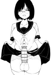 1girl bar_censor censored clothes_lift commentary_request futanari glasses highres lifting_own_clothes looking_at_viewer makin_tama monochrome neckerchief open_mouth original penis sailor_collar school_uniform short_hair simple_background skirt solo teeth testicles thighhighs upper_teeth_only