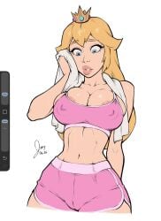 1girls areola_slip big_breasts blonde_hair blue_eyes cleavage crown female long_hair mario_(series) princess_peach shorts sports_bra towel