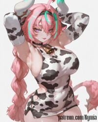 1girl ai_generated armpits arms_up bodycon choker collar cow_bell cow_ears cow_horns cow_print cow_print_bikini cow_tail cowbell genshin_impact horns huge_breasts large_breasts lipstick long_hair looking_at_viewer multicolored_hair navel navel_visible_through_clothes nymia pink_hair purple_eyes red_lipstick shiny_skin sideboob smile solo sweat thick_thighs varesa_(genshin_impact) wide_hips