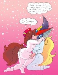 beret berkana blonde_hair blush brunette dialogue docking fluffy fluffy_clothing fur fuzzy groping_ass huge_breasts iris_(mega_man) kissing making_out mega_man mega_man_x pumpkinsareholy witch_hat