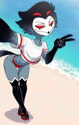 anthro avian barefoot beach bird clothing crop_top demon feet femboy hellaverse helluva_boss male owl owl_demon red_thong red_underwear selfie shirt solo stolas_(helluva_boss) thong toes underwear white_crop_top white_shirt zimaku15