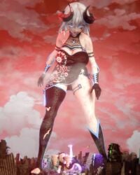 aftermath begging big_boobs big_breasts blonde blonde-haired_female blonde_female blonde_hair boobs breasts city clothed clothed_female fighting horns lajest large_boobs large_breasts light-skinned_female light_skin looking_down looking_down_at_another ruined_city thick_thighs thighs victory white_hair white_hair_female wounded