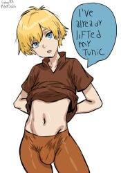 1boy arms_behind_back arthur_(sword_in_the_stone) blonde_hair blue_eyes brown_pants bulge clothed disney leggings open_mouth pants short_hair shouttakun speech_bubble text text_bubble the_sword_in_the_stone tunic young younger_male