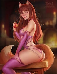 1girls ass breasts cleavage clothing female female_only holo kittew looking_at_viewer looking_back medium_breasts panties solo spice_and_wolf stockings thighhighs wolf_ears wolf_girl wolf_tail