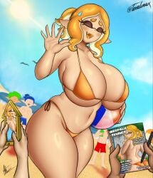 1girls 3boys 3others artist_signature beach beach_ball big_breasts bikini birds blue_sky blush cleavage eyelashes eyes_closed fangs female_focus holding_object huge_breasts inkling inkling_girl large_breasts linda_(telaxart) magazine milf mouth_open nintendo nsfwtalex ocean pen phone ponytail public side-tie_bikini skindentation splatoon splatoon_(series) splatoon_oc sweatdrop taking_picture telaxart texalunax thick_thighs underboob waving