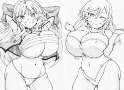 2girls ahoge armpits arms_behind_head arms_up ass_visible_through_thighs bandage bangs breast_squeeze cameltoe cleavage collarbone duo elbow_gloves eyebrows_visible_through_hair female front_view groin ha_jin hair_between_eyes half-closed_eyes haruka_(senran_kagura) highleg huge_breasts light-skinned_female light_skin long_hair looking_at_viewer lowleg midriff monochrome navel nipple_bulge one_eye_closed parted_bangs pencil_(artwork) renka_(senran_kagura) ribbon senran_kagura simple_background skindentation smile standing straight_hair teeth thick_thighs tongue tongue_out underwear white_background