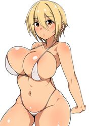 beauty_mark bikini blonde_hair blush bouncing_breasts breasts bursting_breasts chestnut_mouth cleavage clothed curvy female female_only front_view full_cleavage hair_between_eyes highleg highleg_bikini huge_breasts human mole mole_under_mouth navel nipple_bulge orange_eyes original seihekiog short_hair simple_background skimpy solo stretching string_bikini thick_thighs thong_bikini white_background white_bikini wide_hips