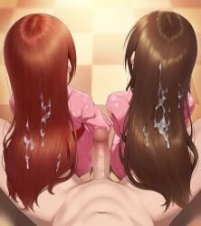 1boy 2girls absurdres after_ejaculation brown_hair censored checkered_floor clothed_female_nude_male commentary_request commission cum cum_on_hair from_behind henria hetero highres idolmaster idolmaster_cinderella_girls igarashi_kyoko japanese_clothes kimono long_hair mosaic_censoring multiple_girls navel nude penis pink_kimono pov pov_crotch shimamura_uzuki skeb_commission tiles very_long_hair