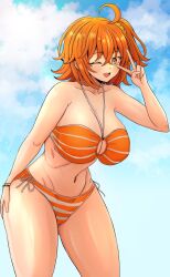 1girls artist_request big_ass big_breasts bikini bikini_bottom bikini_top fate/grand_order fate_(series) fujimaru_ritsuka_(female) gudako one_eye_closed orange_hair peace_sign smile stripes stripped_bikini thick_thighs wink winking_at_viewer