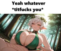 abs ai ai-created ai_art ai_assisted ai_generated big_boobies big_boobs big_breasts boobjob chubby chubby_breasts chubby_female chubby_girl chubby_milf chubby_woman cock_between_boobs cock_between_breast cock_between_breasts cumshot dark_green_eyes day daylight daytime dick_between_boobs earrings elf elf_ears elf_female elf_girl elf_milf elf_queen eyelashes eyeliner female_elf forest forest_background green_earrings green_eyes grey_hair human_on_elf large_breasts leaf_hair_ornament male_human/female_elf male_laying_on_back meme meme_caption milf milf_body mother paizuri pointy_ears short_hair smiling smirking tit_fuck titfuck titjob tree_hair_ornament white_hair