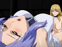 2girls blonde_hair blush boss_and_subordinate breasts clothed_female_nude_female clothed_sex clothing dress erect_nipples erect_nipples_under_clothes exhausted female freya_(ikusa_otome_valkyrie) hard_nipples ikusa_otome_valkyrie large_breasts leia_(ikusa_otome_valkyrie) mature mature_female milf moaning multiple_girls nipples no_bra no_bra_under_clothes ride_of_the_valkyrie royalty screencap sex sex_slave tired valkyrie_(ikusa_otome_valkyrie) yuri