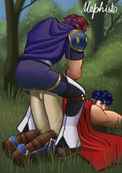 anal anal_sex ass costume cum_in_ass cum_inside fire_emblem fire_emblem:_path_of_radiance fire_emblem:_radiant_dawn fire_emblem:_the_binding_blade forest gay ike_(fire_emblem) male_only mephisto_(artist) muscles muscular pants penis roy_(fire_emblem) suit