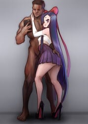 1boy 1girls blackingyourwaifu dark-skinned_male high_heels interracial kasugano_tsubaki legs long_hair male mirai_nikki phone selfie skirt stiletto_heels tagme very_high_heels