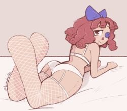 1girls 2026 ass back_view blush bow button_eye doll_girl fishnet_legwear fishnets glitch_productions gooseworx hiiryballs laying_on_bed lingerie looking_at_viewer looking_back ragatha ragatha_(tadc) ragatha_(the_amazing_digital_circus) ragdoll red-haired_female red_hair solo_female stitches tagme the_amazing_digital_circus