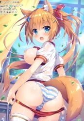 1girl ameto_yuki animal_ear_fluff animal_ears ass blonde_hair blush breasts breasts_out buruma cameltoe exposed_breasts fox_ears fox_girl fox_tail gym_shirt gym_shorts gym_uniform hair_ornament hair_ribbon highres large_breasts looking_at_viewer melonbooks nipples original panties shimapan shirt shirt_lift shorts_down shorts_pull sideboob small_but_busty socks striped_panties tail thighhighs tied_hair twintails