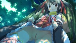 against_tree alicesoft ass_visible_through_thighs black_hair blush dress evenicle evenicle_(series) female flat_chest from_below game_cg gurigura_(evenicle) legs long_hair looking_down no_panties open_mouth pussy scarf skirt_lift solo standing tail thighs tied_hair tree twintails uncensored yaegashi_nan yellow_eyes