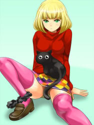 1girls belle_(pop'n_music) black_cat black_panties blonde_hair breasts brown_shoes cat censored checkered checkered_skirt convenient_censoring female feral green_eyes kneesocks long_sleeves miniskirt no_panties osamu_yagi panties panties_around_one_leg panties_removed pattern_clothing pattern_skirt pink_socks pink_thighhighs pop'n_music red_shirt red_sweater shirt short_hair simple_background skirt socks solo sweater thighhighs turtleneck turtleneck_sweater underwear yellow_skirt