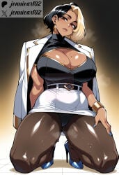 1girl ai_generated artist_name belt black_belt black_hair black_panties black_pantyhose blonde_hair blue_footwear blue_nails bracelet breasts brown_eyes brown_pantyhose cleavage cleavage_cutout clothing clothing_cutout dark-skinned_female dark_skin domina earrings female fingernails footwear full_body gradient_background hand_on_own_thigh head_tilt high_heels hoop_earrings huge_breasts jacket jacket_on_shoulders jennieart02 jewelry kneeling large_breasts looking_at_viewer miniskirt mole mole_on_breast mole_under_eye multicolored_hair nail_polish overwatch overwatch_2 panties pantyhose patreon patreon_logo patreon_username pencil_skirt red_eyes shirt shoes short_hair skirt solo sweat thick_thighs thighs twitter twitter_username two-tone_hair underwear watermark white_jacket white_nails white_skirt