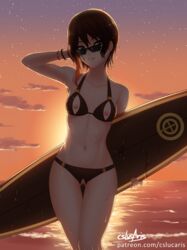 1girls abs areolae bikini breasts brown_hair casual_nudity coco_adel crotchless_clothes crotchless_swimsuit cslucaris female_only functionally_nude long_hair looking_at_viewer looking_over_eyewear looking_over_glasses looking_over_sunglasses nippleless_bikini nippleless_clothes nipples ocean pussy rwby sunglasses surfboard swimsuit text thigh_gap tinted_eyewear url watermark