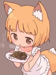 1girl :3 absurdres animal_ear_fluff animal_ears apron blonde_hair blunt_bangs blush brown_background brown_eyes closed_mouth collarbone commentary_request cowboy_shot fox_ears fox_girl fox_tail highres holding holding_plate irohiza looking_at_viewer naked_apron original plate scat short_hair simple_background solo tail translation_request valentine white_apron