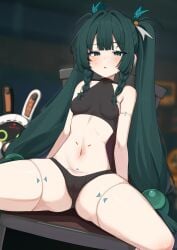 1girls android bare_shoulders belly_button blush breasts dark_green_eyes dark_green_hair female female_focus female_only green_eyes green_hair groin high_resolution highres long_hair looking_at_viewer nipples nipples_visible_through_clothing open_mouth panties pussy pussy_visible_through_clothes pussy_visible_through_panties qingyi_(zenless_zone_zero) sitting sitting_on_chair small_breasts solo spread_legs stomach sweat tank_top thighs tied_hair tight_clothing twintails underwear wak_kun zenless_zone_zero