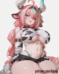 1girl ai_generated ass_focus bikini black_skirt collar cow_bell cow_ears cow_horns cow_print cow_print_bikini cow_tail g_string genshin_impact huge_breasts large_breasts lipstick long_hair microskirt nymia pink_hair purple_eyes red_lipstick shiny_skin skirt smile solo sweat thick_thighs tied_shirt underboob varesa_(genshin_impact) wide_hips
