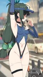 1girls android armpits bare_shoulders breasts cap choker dark_green_eyes dark_green_hair female female_focus female_only green_eyes green_hair groin high_resolution highres leotard long_hair nipples_visible_through_clothing outside qingyi_(zenless_zone_zero) small_breasts solo sweat thighs tied_hair tight_clothing twintails wak_kun whistle whistle_around_neck zenless_zone_zero