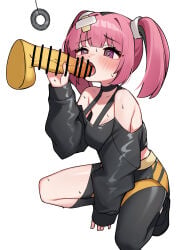 1girl @_@ absurdres bar_censor bare_shoulders black_shirt black_shoes blush censored coin commentary coral_(pokemon) disembodied_penis eyelashes hair_ornament hand_up hetero highres holed_coin hypno hypnosis long_sleeves mind_control off-shoulder_shirt off_shoulder pendulum penis pink_hair pokemon pokemon_(anime) pokemon_horizons pokephilia purple_eyes raised_inner_eyebrows shirt shoes simple_background skirt string sweat two_side_up white_background ziro_(zirorong)