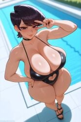 1girls ai_generated big_breasts bikini black_nails blush bra breasts brown_eyes choker curvy curvy_female curvy_figure female hand_on_hip heels high_heels huge_breasts komi-san_wa_komyushou_desu komi_can't_communicate komi_shouko large_breasts light-skinned_female nail_polish peace_sign pool poolside purple_hair shiny shiny_skin short_hair sign stuffyai thick thick_legs thick_thighs wide_hips