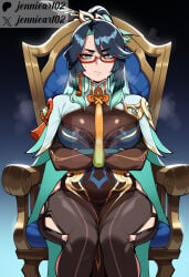 1girl ai_generated aqua_eyes aqua_hair arms_under_breasts black_hair blue_hair bodystocking breasts cape chair clothing colored_inner_hair crossed_arms dress earrings eyewear female genshin_impact glasses green_hair hair_ornament jennieart02 jewelry large_breasts long_hair looking_at_viewer multicolored_hair on_chair patreon patreon_logo patreon_username red-framed_eyewear semi-rimless_eyewear sitting solo sweat tassel tassel_earrings throne twitter twitter_username two-tone_hair very_long_hair watermark web_address xianyun_(genshin_impact)
