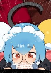 1boy 1girl absurdres bar_censor blue_hair borrowed_character brown_eyes cat_tail censored commission cum cum_in_mouth dorothree_(vtuber) double_bun fellatio hair_bun heart heart-shaped_pupils highres indie_virtual_youtuber large_penis maid maid_headdress mizumizuni oral penis pov round_eyewear short_hair skeb_commission symbol-shaped_pupils tail v-shaped_eyebrows