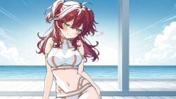 1girls ai_art ai_generated beachwear cleavage female_villain ginger_hair gundam_00 large_breasts nena_trinity red-haired_female red_hair villainess