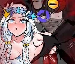 amputee angry blue_eyes blue_hair blush defeated defeated_heroine doll doll_joints elden_ring elden_ring_nightreign female_penetrated held_up helpless quadruple_amputee rape revenant_(nightreign) smilingchaos trembling