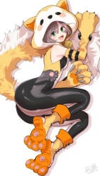 1girl absurdres animal_hands animal_hood bodysuit breasts commentary dog_hood dog_tail fang full_body gloves green_eyes highres hood kurosususu looking_at_viewer lying on_side open_mouth paw_gloves paw_shoes persona persona_5 persona_5:_the_phantom_x runa_dogenzaka signature simple_background sleeveless small_breasts solo tail white_background