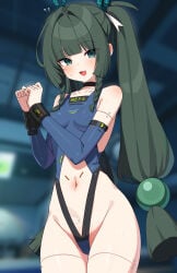 1girls :3 android bare_shoulders breasts choker dark_green_eyes dark_green_hair female female_focus female_only green_eyes green_hair groin handcuffed handcuffs high_resolution highres inside leotard long_hair looking_at_viewer qingyi_(zenless_zone_zero) small_breasts smile solo sweat thighs tied_hair tight_clothing twintails wak_kun zenless_zone_zero