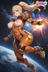 1girl ai_assisted ai_generated armor bangs blonde_hair blue_eyes blush bodysuit breasts breasts_out cameltoe covered_navel earth_(planet) full_body high_heels large_breasts lips long_hair looking_at_viewer metroid mole mole_under_mouth nintendo nipples parted_lips patreon planet ponytail samus_aran shiny shiny_clothes shiny_hair shiny_skin skin_tight smile solo space star_(sky) stelmazura zero_suit