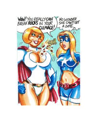 2015 2girls big_breasts blonde_hair breasts cleavage dc_comics female female_only gravhell huge_breasts power_girl stargirl traditional_media_(artwork)