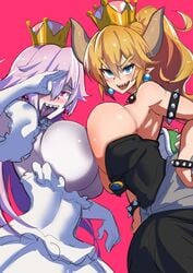 2girls armlet big_breasts blonde_hair blush boosette bowsette bracelet breast_squish breasts breasts_frottage cleavage clothed clothing collar dress earrings elbow_gloves female female_only frottage genderswap ghost gloves hair horn huge_breasts humanoid large_breasts long_hair looking_at_viewer mario_(series) multiple_females multiple_girls new_super_mario_bros._u_deluxe nintendo nuezou open_mouth scalie sharp_teeth shell sideboob spiked_armlet spiked_bracelet spiked_collar spikes super_crown tongue tongue_out topless video_games white_hair