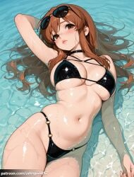 1girl ai_generated arlequin097 arm_behind_head arm_up armpits asahina_mikuru bare_arms bare_shoulders bikini black_bikini black_choker blush breasts brown_eyes brown_hair choker cleavage closed_mouth collarbone eyewear_on_head hair_spread_out highleg large_breasts lips long_hair looking_at_viewer lying lying_on_water mole mole_on_breast navel o-ring o-ring_bikini on_back parted_lips partially_submerged shiny_skin skindentation solo stomach string_bikini sunglasses suzumiya_haruhi_no_yuuutsu swimsuit thighs underboob water wet