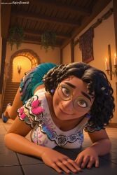 1girl ai_generated barefoot black_hair breasts brown_eyes curly_hair disney glasses hi_res high_quality high_resolution indoors looking_at_viewer lying mirabel_madrigal on_floor patreon rug seductive sexy smile solo spicytoonai tattoo uncensored watermark web_address wooden_floor