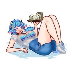 beer_mug beer_mugs bell_collar bevyrage blue_eyes blue_hair colored_lineart cow_ears cow_horns cow_tail dolphin_shorts hair_ornament laying_down_on_floor moo_merrily mooters platter puddle_on_floor rendered see_through_clothes see_through_clothing serving_tray sneakers wet wet_t-shirt wet_translucent_clothing