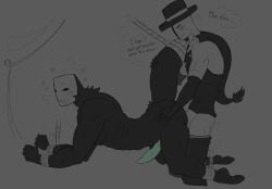 anal anal_penetration artful_(die_of_death) bent_over black_body black_fur bondage dialogue dialogue_bubble die_of_death die_of_death_(roblox) digital_media_(artwork) doggy_style exhibitionist fucked_from_behind fucking_ass fur grabbing_from_behind greyscale gripping_ass hat heart lifting_person male male/male male_penetrating motion_lines precum pulling_down_pants pursuer_(die_of_death) roblox roblox_game robloxian rope_bondage standing_doggy_style suit tagme tail thought_bubble tied_arms tied_up venopython