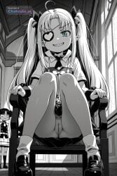 ai_assisted ai_generated beautiful day dress eyepatch general grayscale grin high_contrast highres indoors looking_at_viewer no_nose perfect_anatomy pussy sharp_teeth sitting_on_chair slit_pupils smug socks uniform upskirt_view